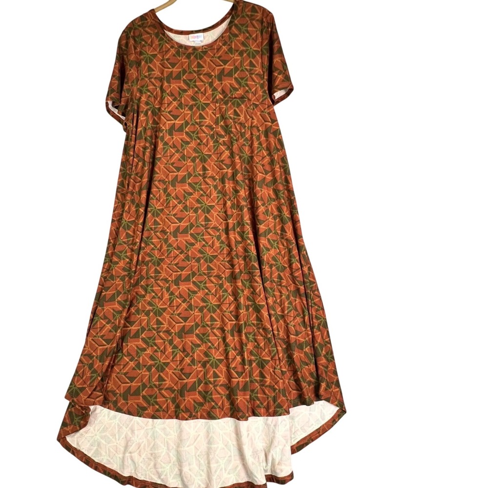 LuLaRoe High-Low Dress in Rust Orange and Olive Green Geometric Print